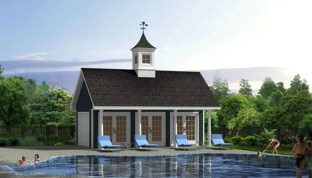 A small house with a pool and a church.