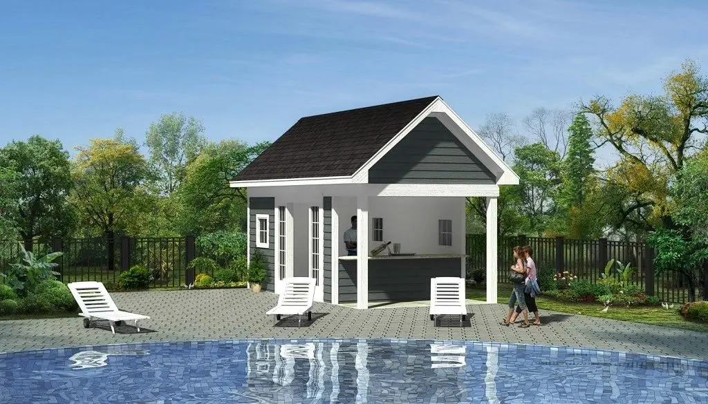 A small pool house with a woman standing next to the pool.